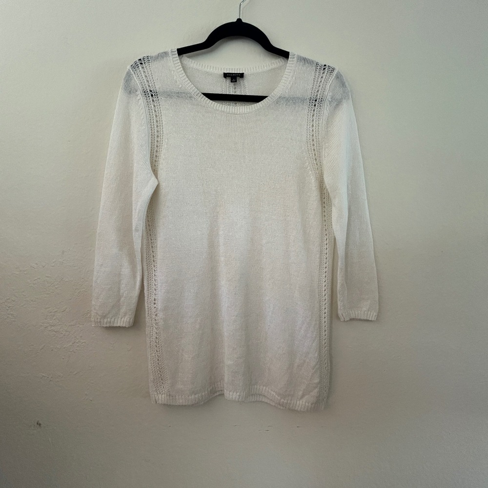 Talbots White 100% Linen Pointelle Knit 3/4 Sleeve Sweater Crew Neck S Cottage
